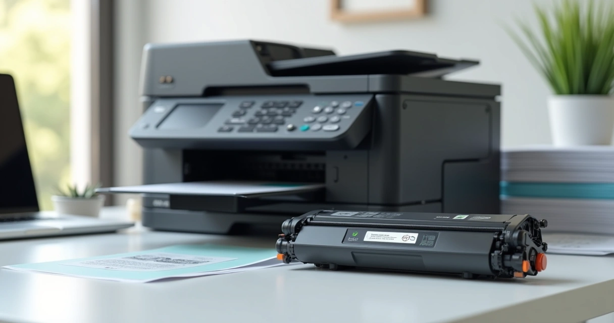Toner compatível para impressora ao lado de impressora moderna em mesa clara 