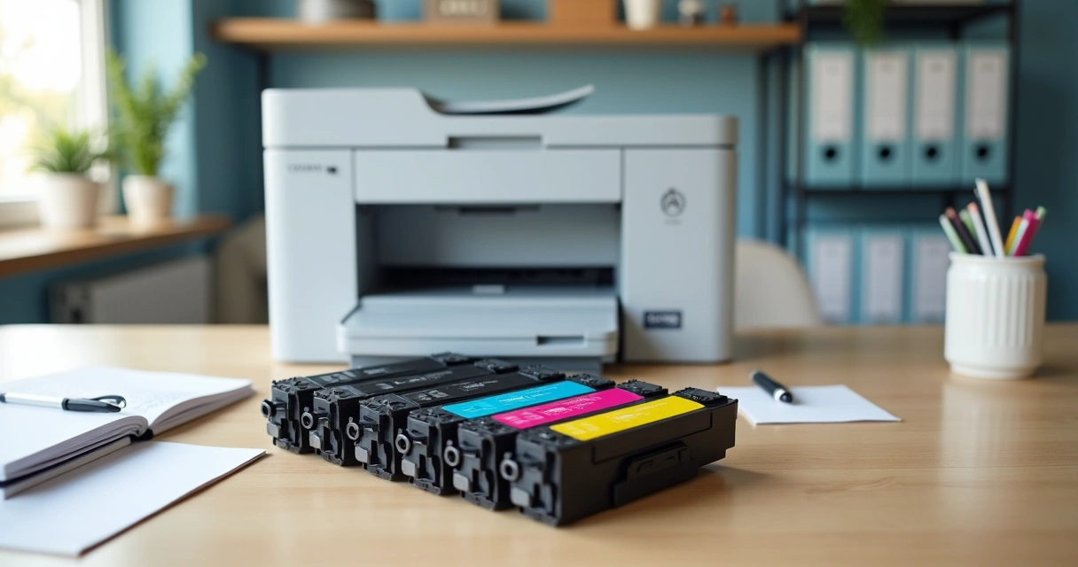 Toner compatível colorido ao lado de impressora em mesa de escritório organizada 