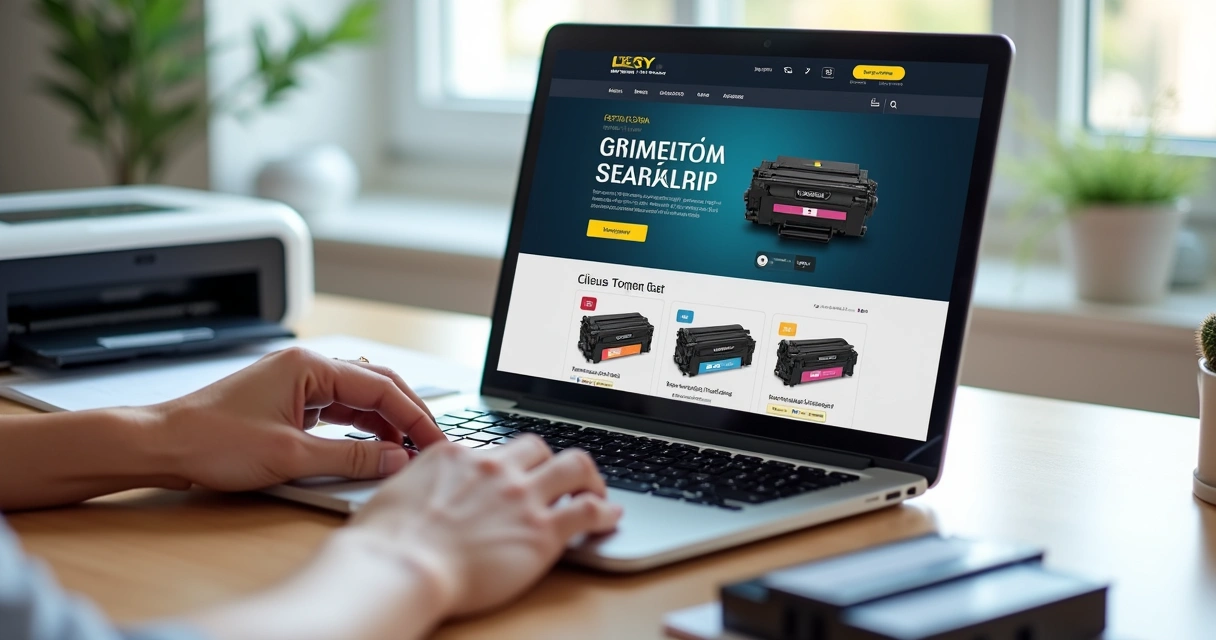 Cliente escolhendo toner de impressora original e compatível em loja online confiável no notebook 