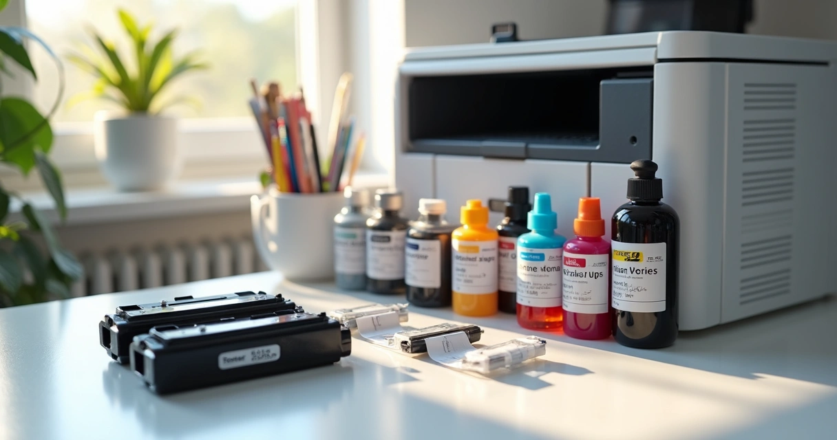 Embalagens de toner e suprimentos organizados em mesa 