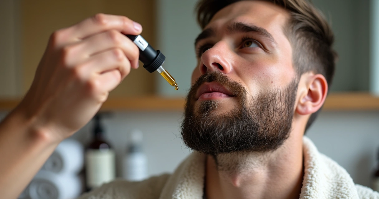 Tônico para crescimento de barba sendo aplicado 