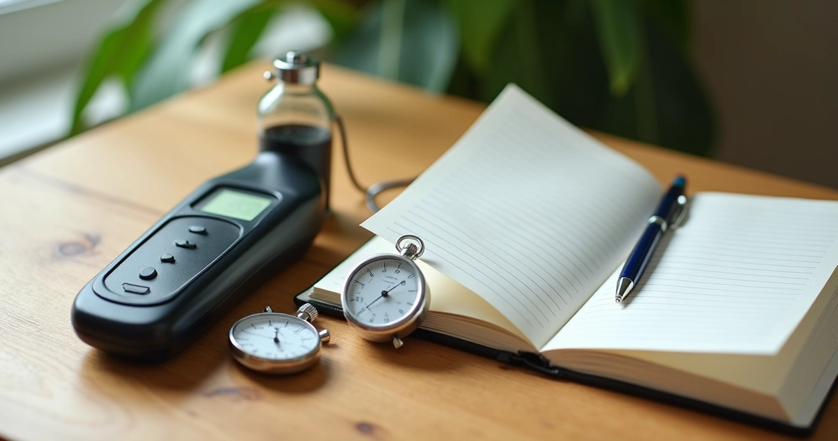 Breath measurement tools, including a handheld breath analyzer, timer, and notebook on a table 