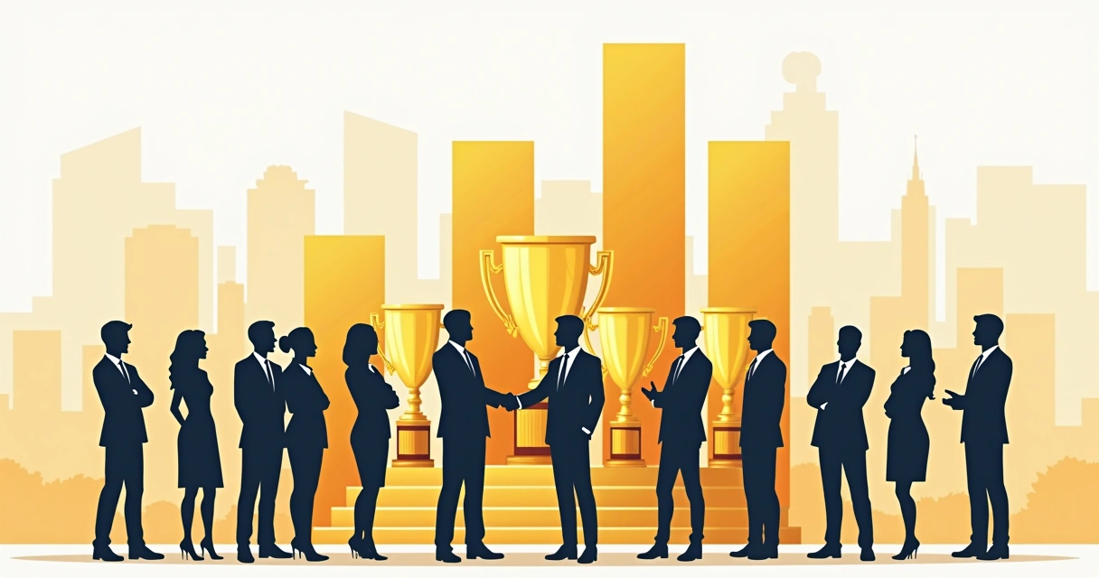 Illustration of real estate awards in Orlando, trophies, numbers, and sales graphs