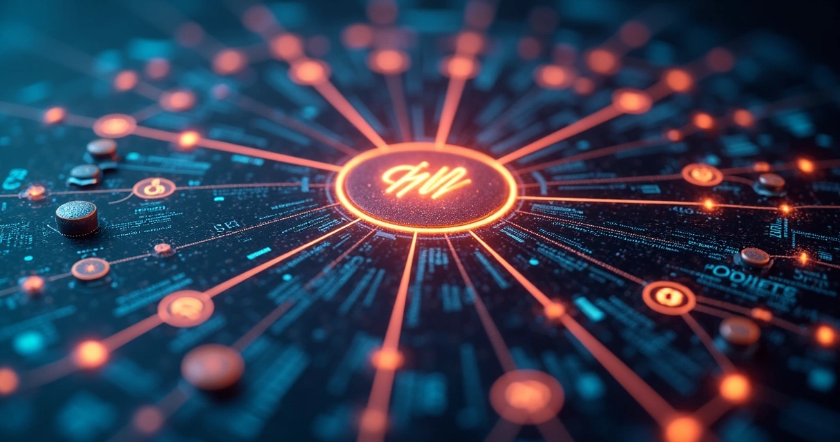 Estrutura de clusters de tópicos conectados por linhas a uma marca central 