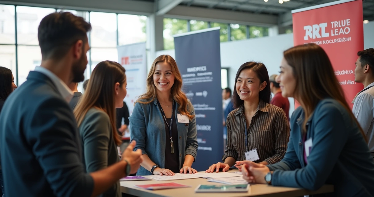 Equipe de vendas conversando com interessados em evento pequeno 