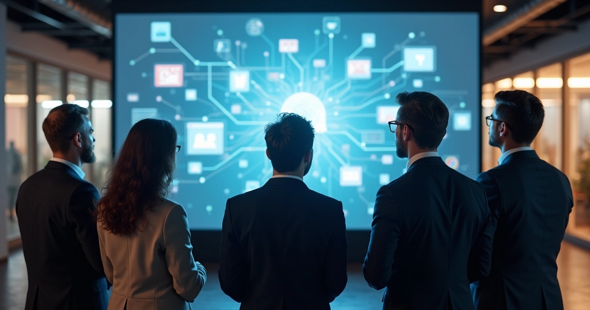 Grupo de pessoas olhando para uma tela brilhante, simbolizando a atenção do topo do funil. 