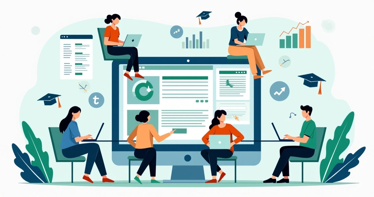 Ilustração de pessoas descobrindo uma loja online ao pesquisar por conteúdo educativo, computador ao centro, gráficos e balões de ideias