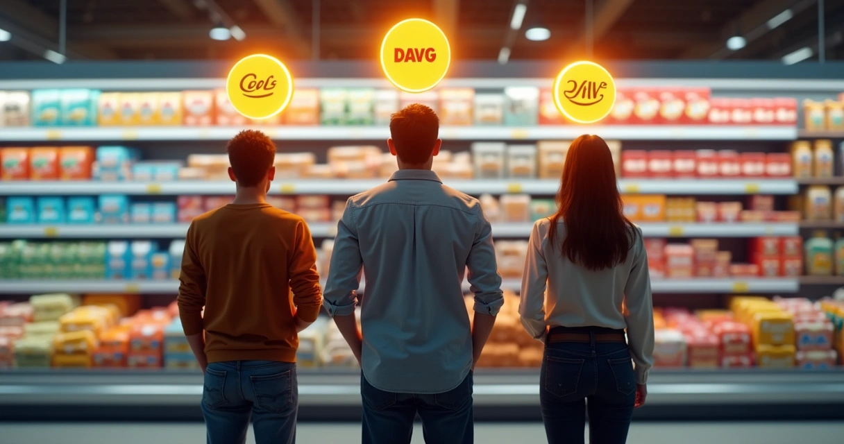 Pessoas pensando em diferentes marcas enquanto escolhem produtos em prateleiras 