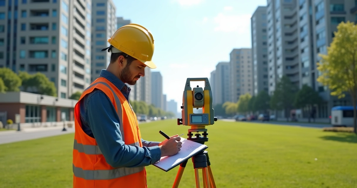 Técnico com equipamento de topografia avaliando terreno 
