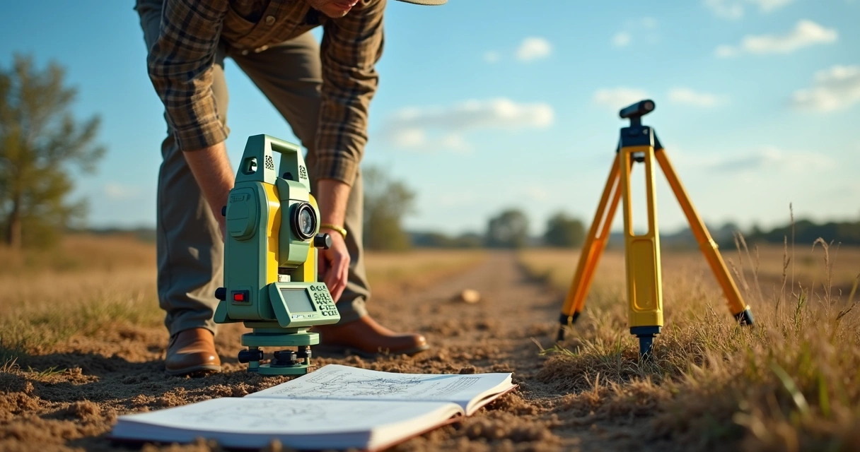 Técnico topógrafo usando estação total em terreno com vegetação e céu aberto 