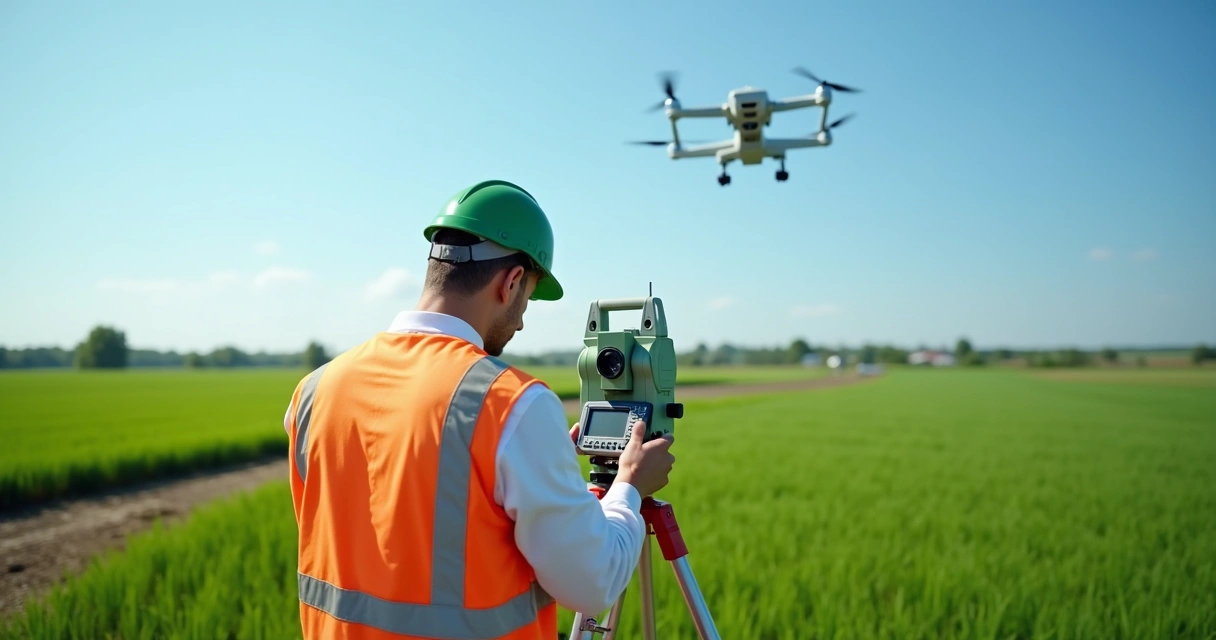 Engenheiro topógrafo com GPS, drone em voo, estação total em campo rural 