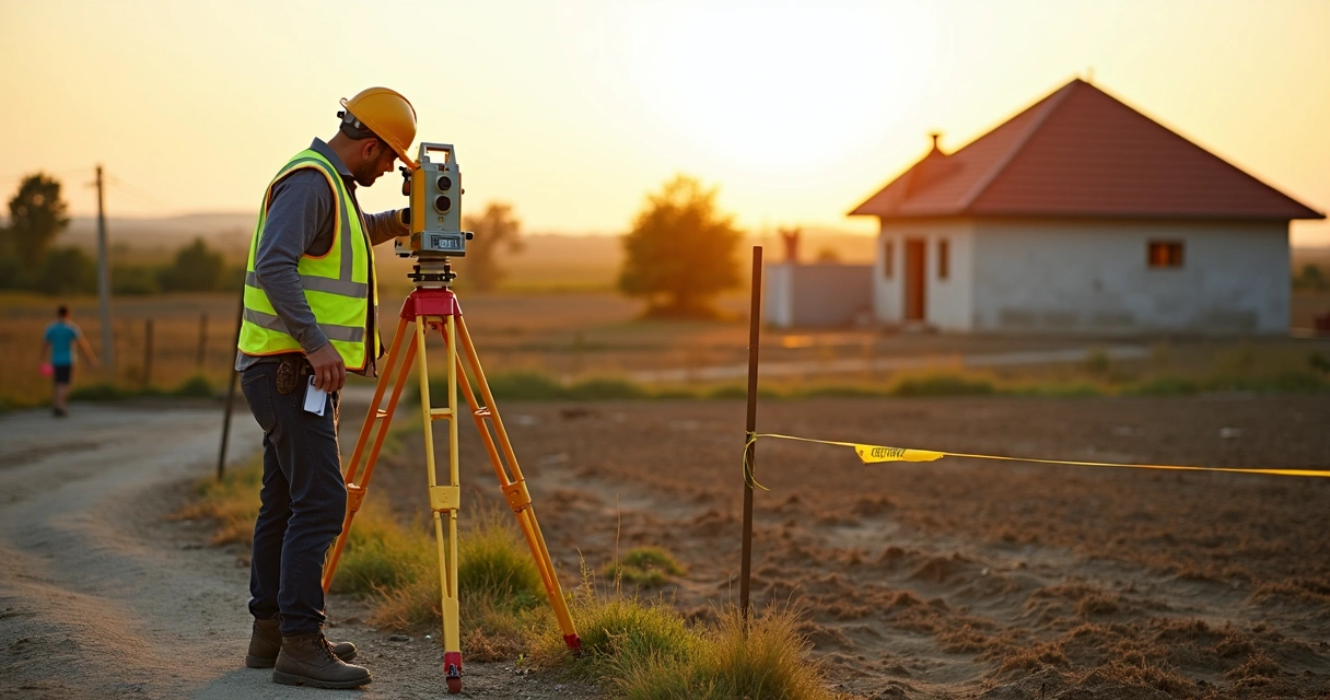 Topógrafo usando estação total em terreno amplo com casa ao fundo 