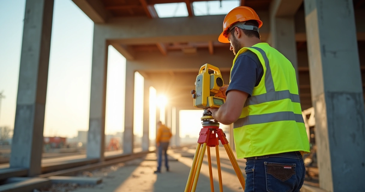 Profissional topógrafo ajustando estação total em obra de edifício 
