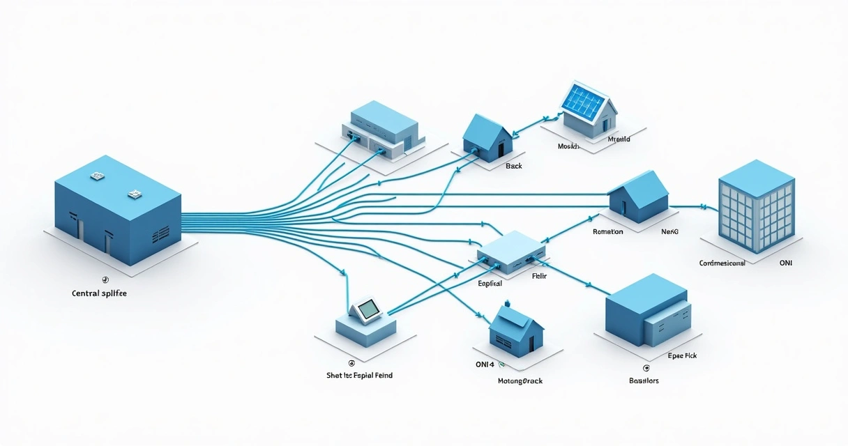 Topologia simplificada da rede GPON com OLT, splitter óptico e ONUs conectadas