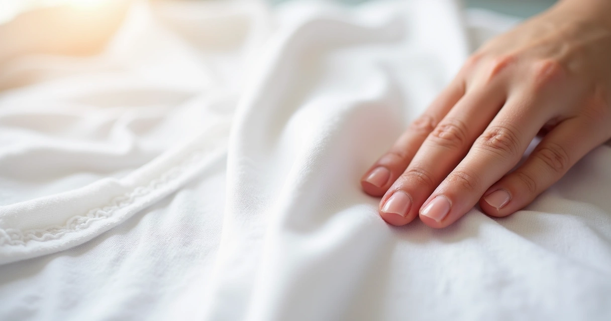 Mão tocando tecido macio de camiseta branca de algodão de perto.