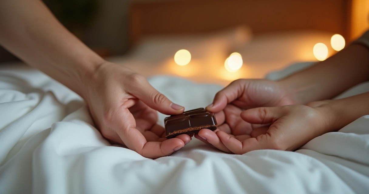 Mãos de casal trocando carinho com chocolate afrodisíaco