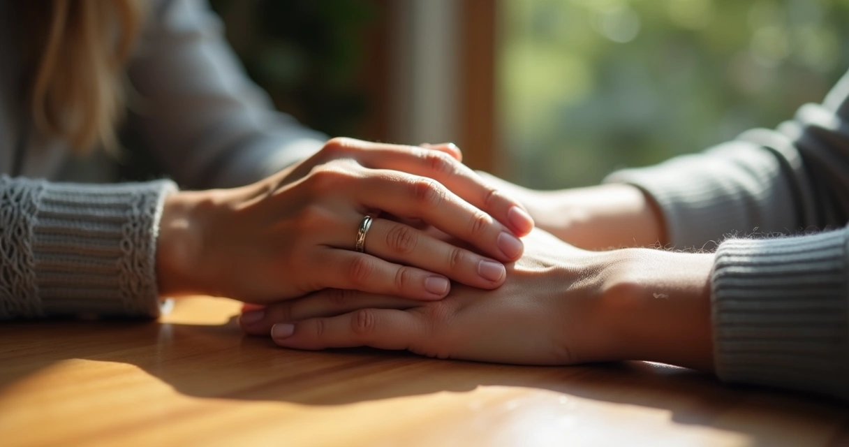 Mãos de casal entrelaçadas sobre a mesa