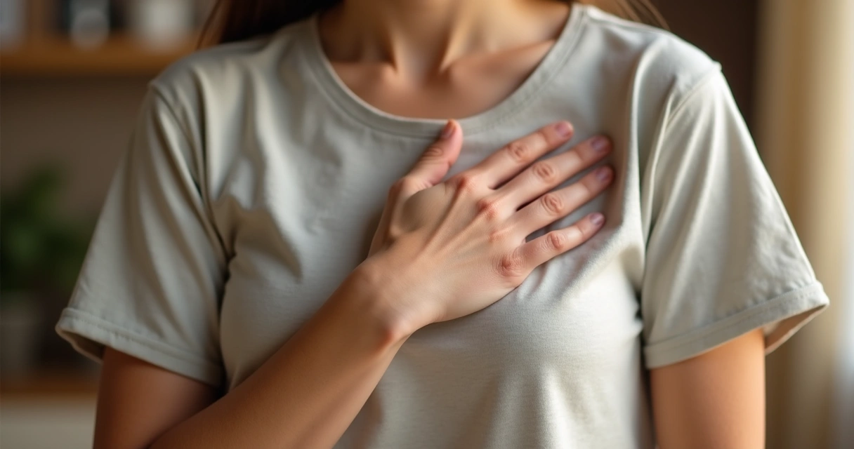 Mão de uma pessoa repousando sobre o peito, gesto de autocuidado 