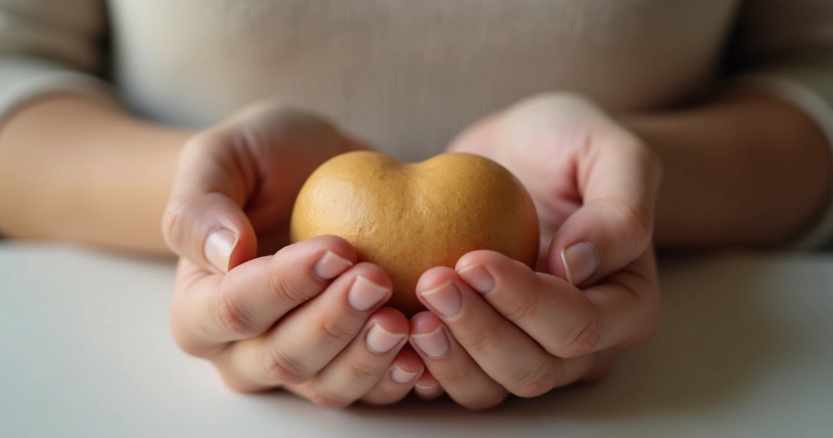 Mãos segurando objeto de olhos fechados, foco em textura e sensação 