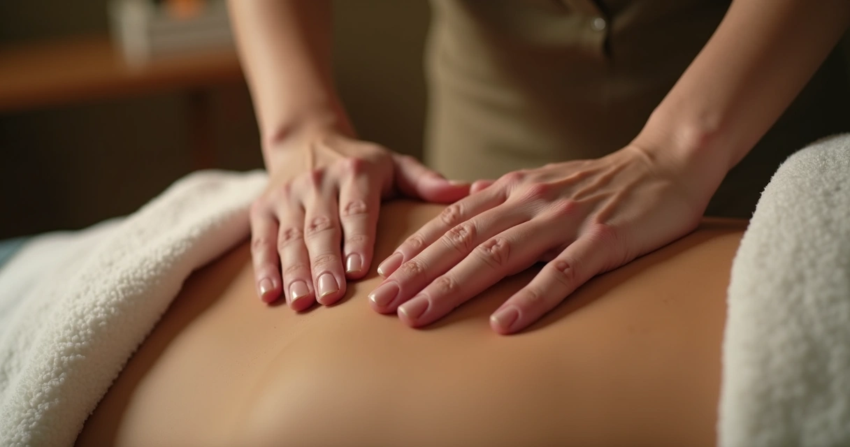 Detalhe das mãos realizando massagem em costas relaxadas 