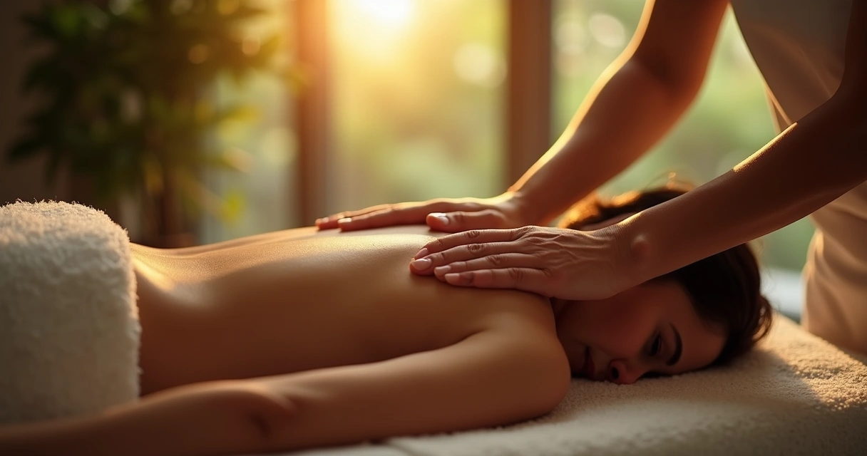 Mãos de massagista realizando massagem delicada sobre pele iluminada 