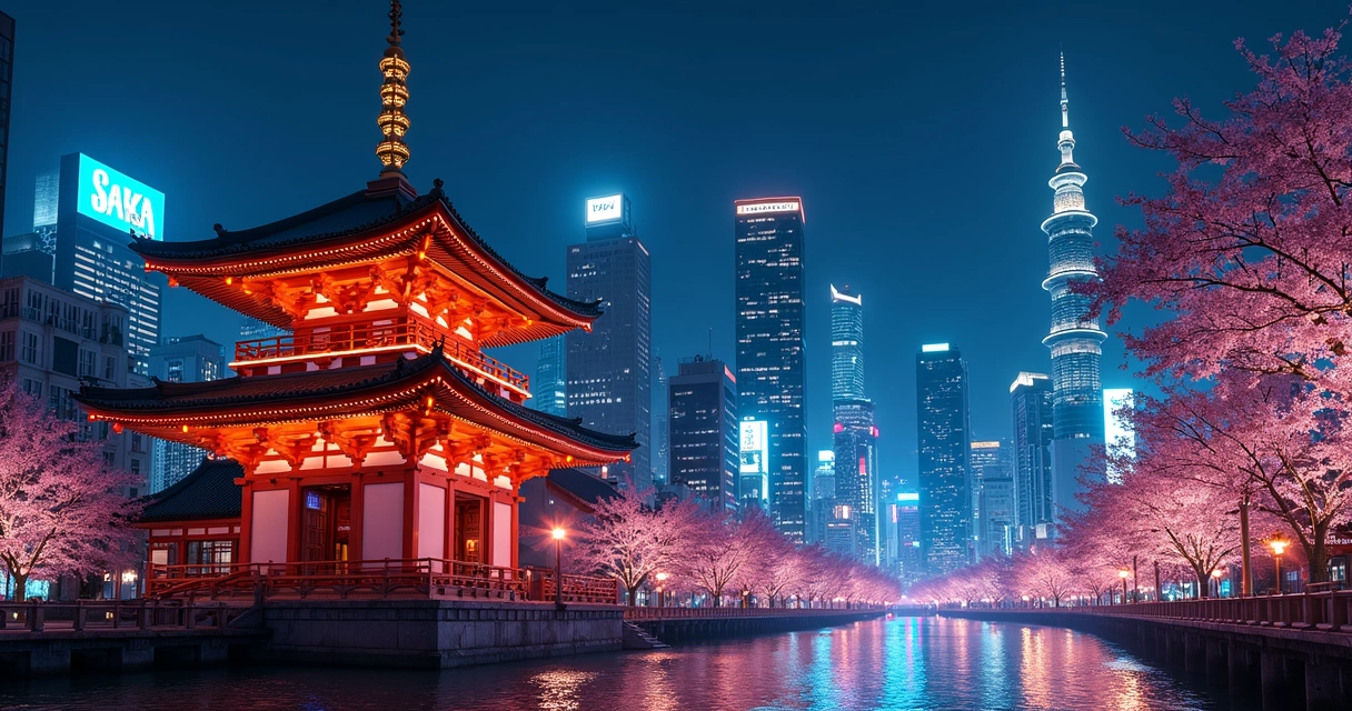 Vista noturna da cidade de Tóquio iluminada 