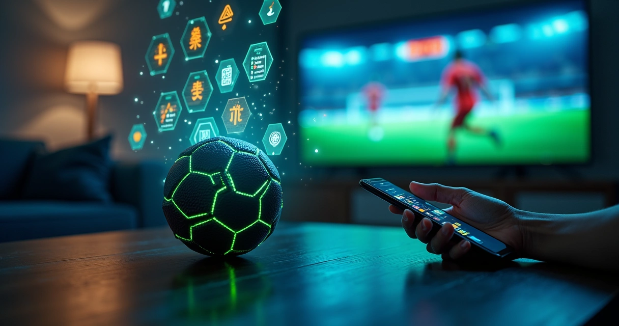 Torcedor segura celular com fan tokens e NFTs de futebol ao lado de bola brilhando em cenário digital 