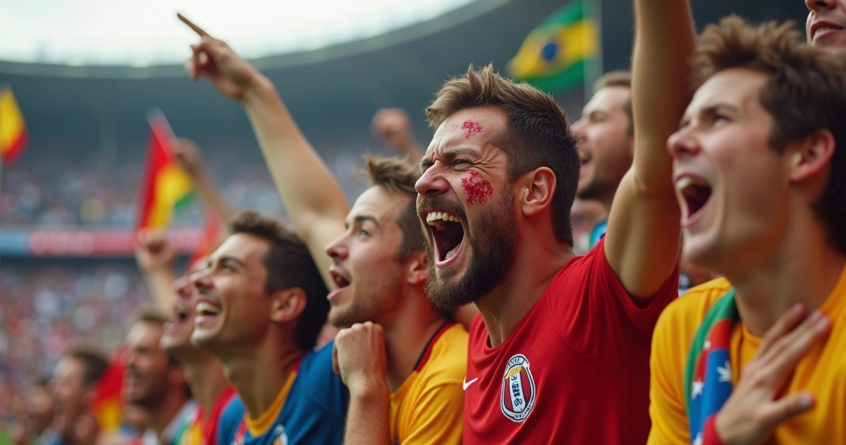 Torcedores de diferentes nacionalidades emocionados em estádio de futebol 