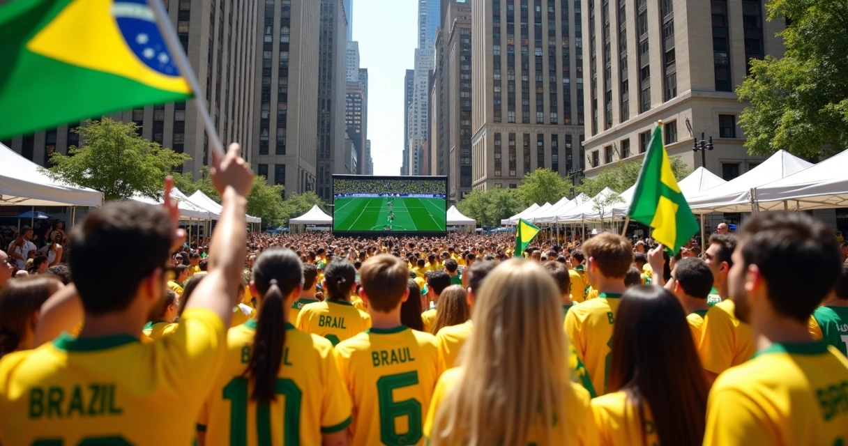 Torcedores brasileiros comemorando na Fan Village do Rockefeller Center em Nova York 