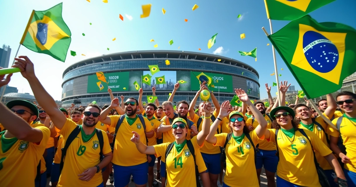 Torcida brasileira comemorando em frente ao MetLife Stadium em dia de jogo da Copa 2026 
