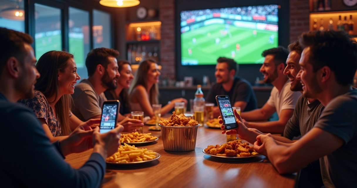Amigos assistindo jogo em bar com comida compartilhada 