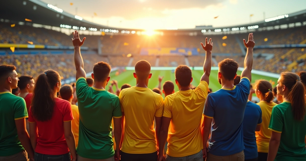 Torcedores com camisetas personalizadas da Copa do Mundo reunidos em arquibancada colorida 