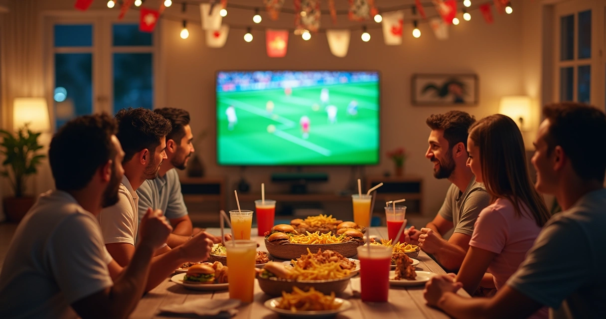 Grupo reunido assistindo jogo da Copa em casa, mesa com lanches e bebidas decoradas