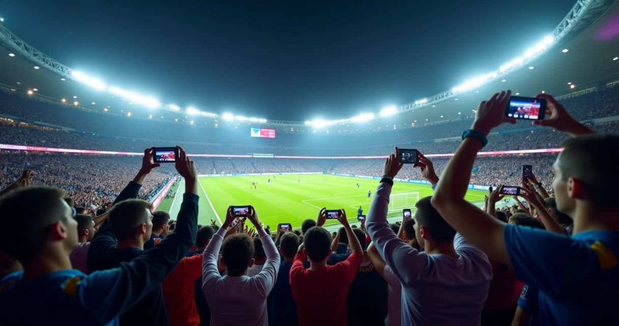 Torcedores em estádio segurando celulares e filmando o jogo 
