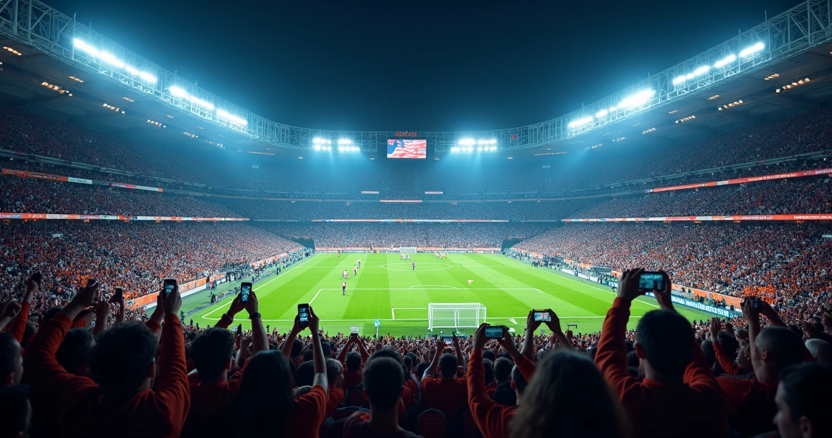 Torcida em estádio usando smartphones e tablets durante jogo de futebol