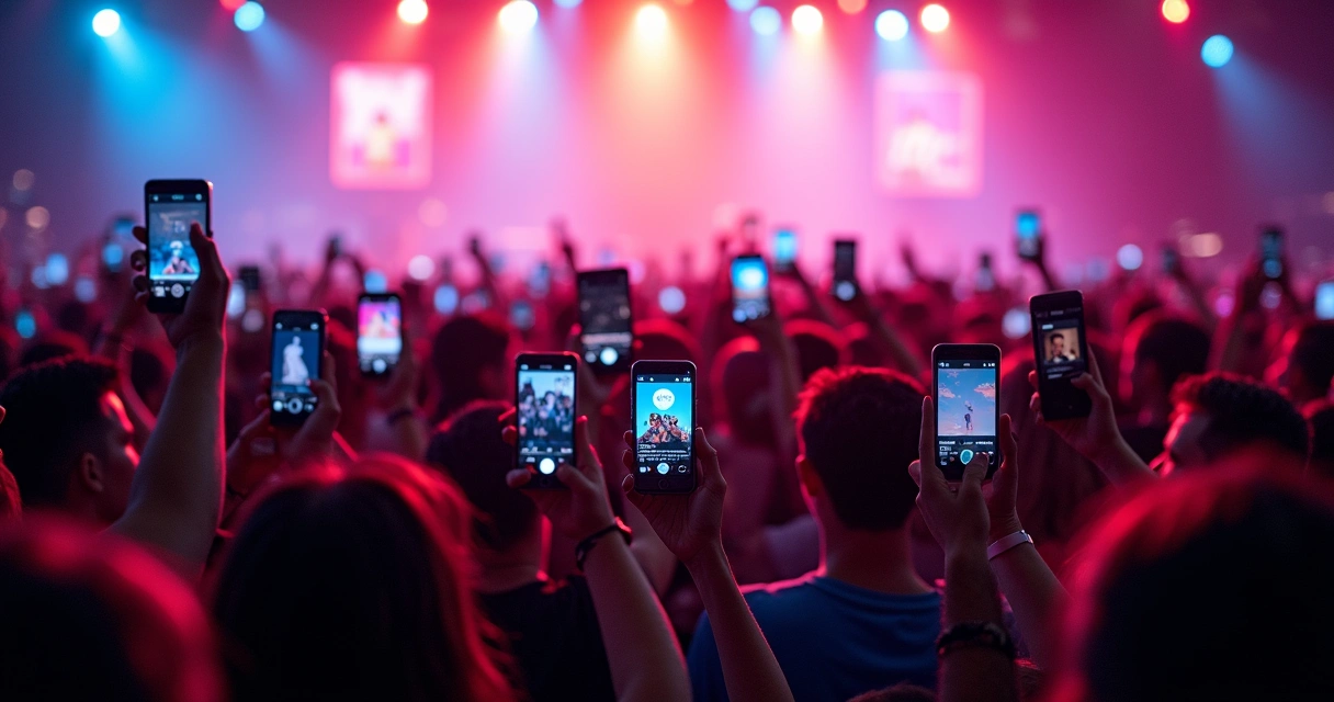 Pessoas em evento cultural com celulares levantados