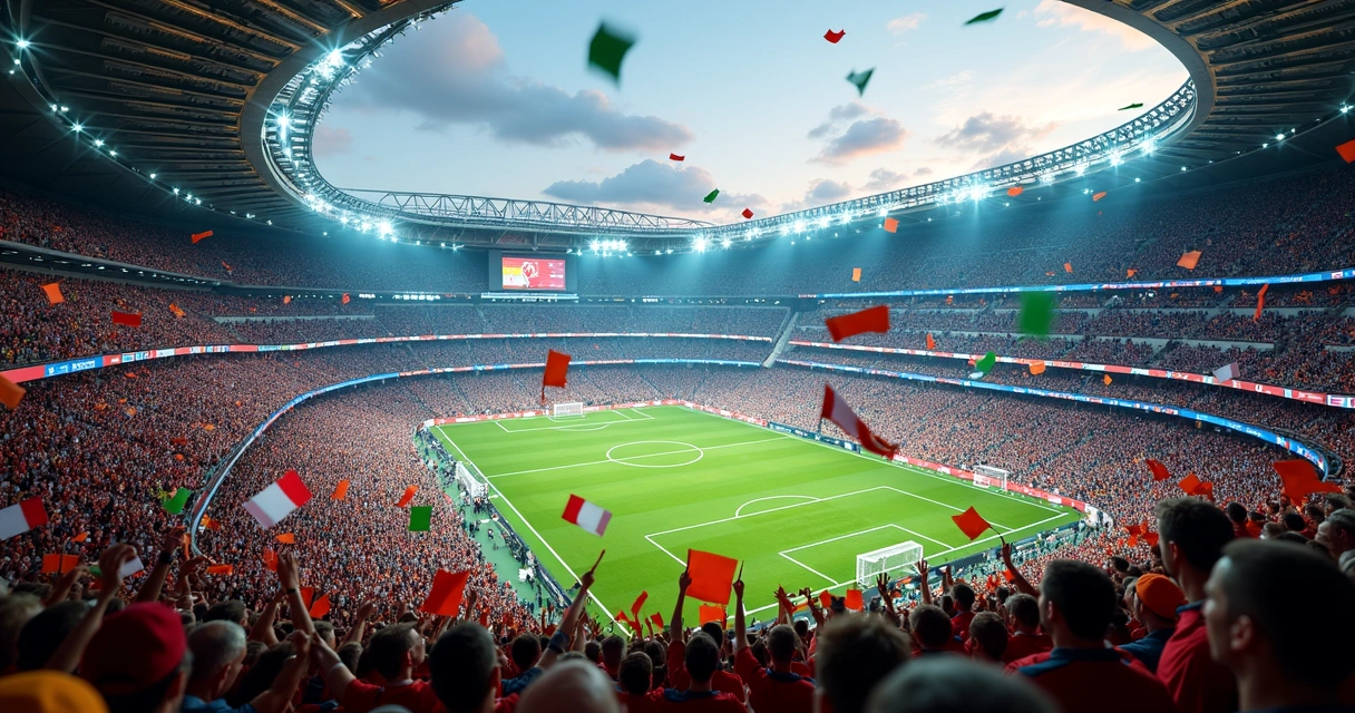 Estádio lotado com torcedores em clima vibrante, bandeiras e luzes coloridas. 