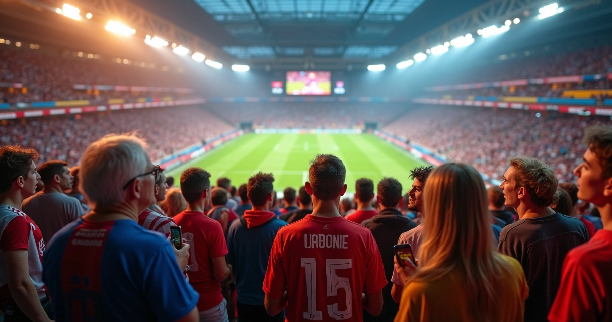Torcida diversa com pessoas de diferentes gerações assistindo futebol em estádio e em dispositivos digitais 