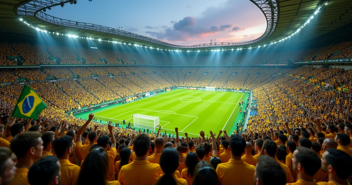 Grande torcida de futebol em estádio com bandeiras e camisas coloridas.
