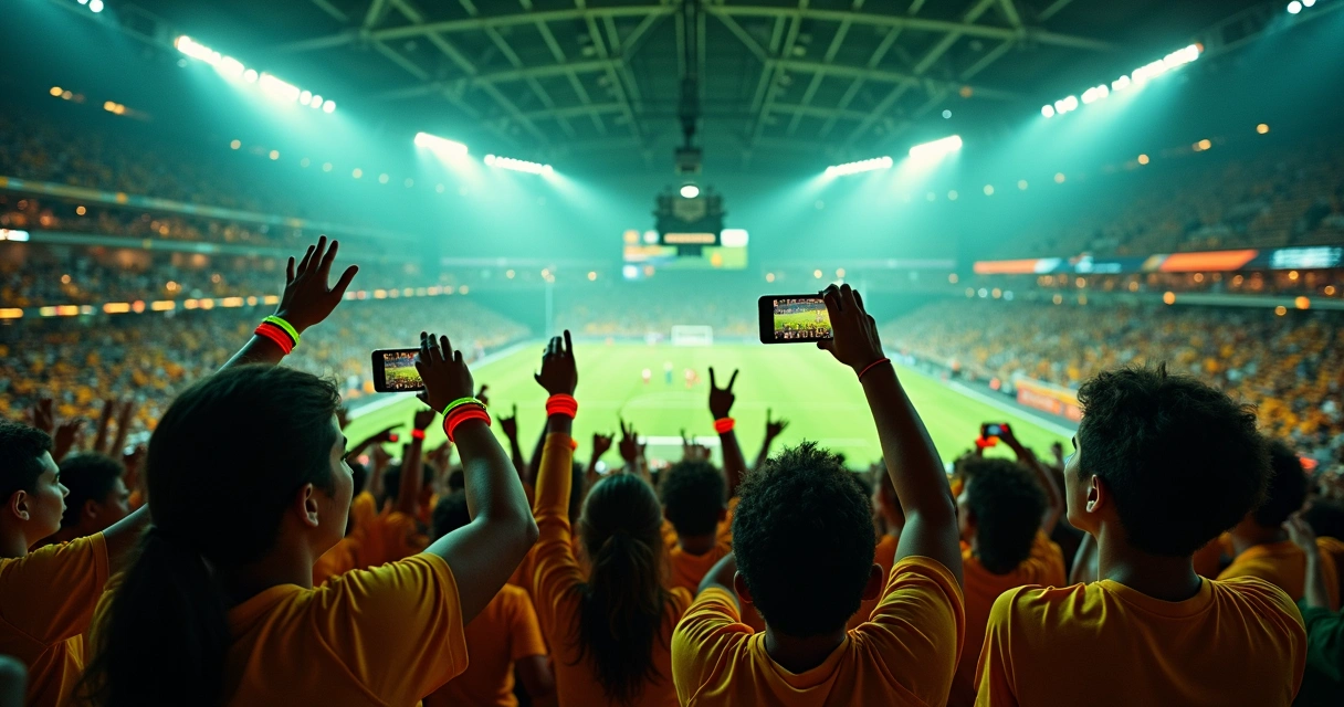 Torcida jovem vibrando com smartphones filmando gols num ginásio 