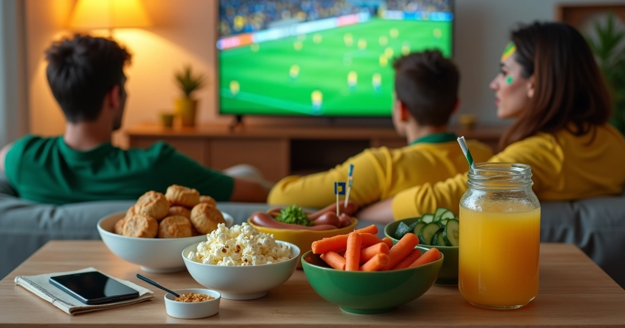 Petiscos simples em cores do Brasil em mesa de centro com jogo da seleção na TV ao fundo 