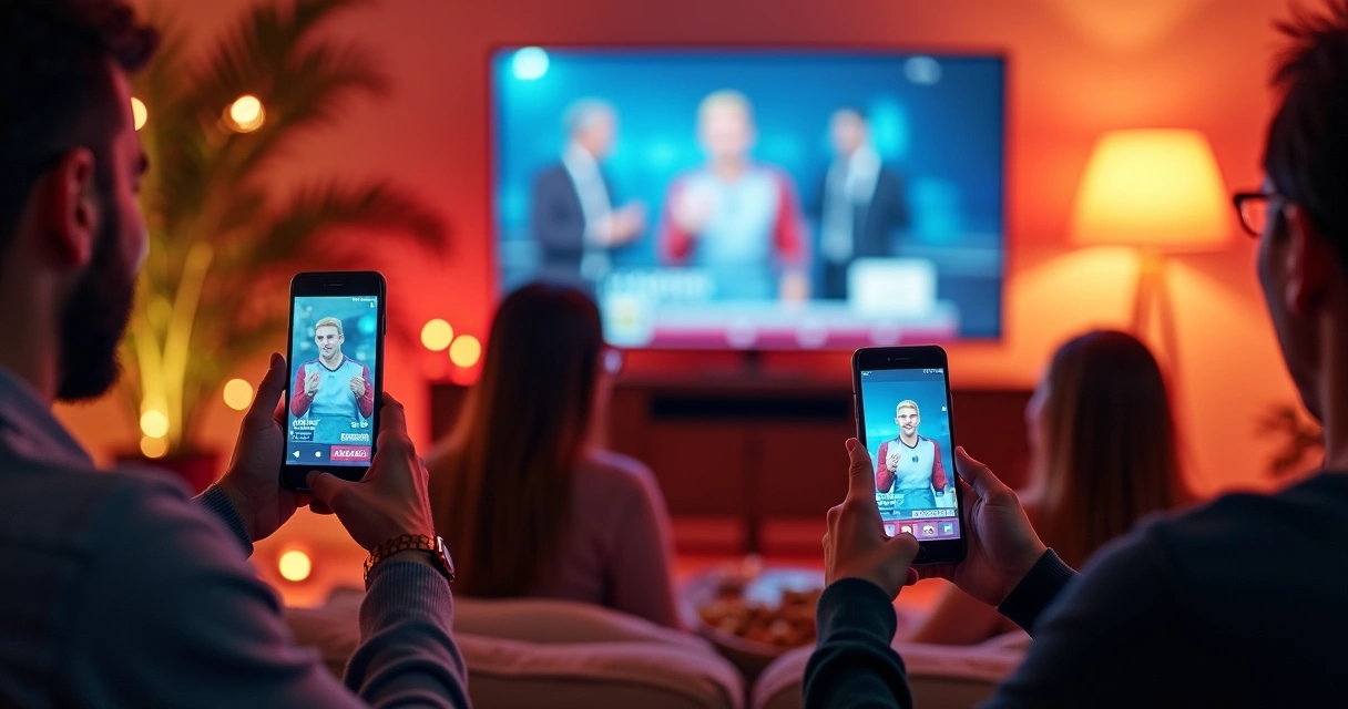Grupo de pessoas assistindo TV torcendo com smartphones na mão 
