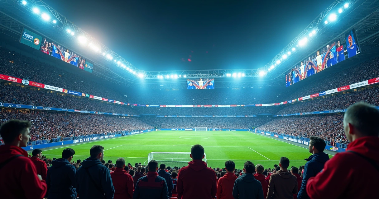 Torcida dividida entre arquibancada lotada e paredão de telas digitais de futebol 