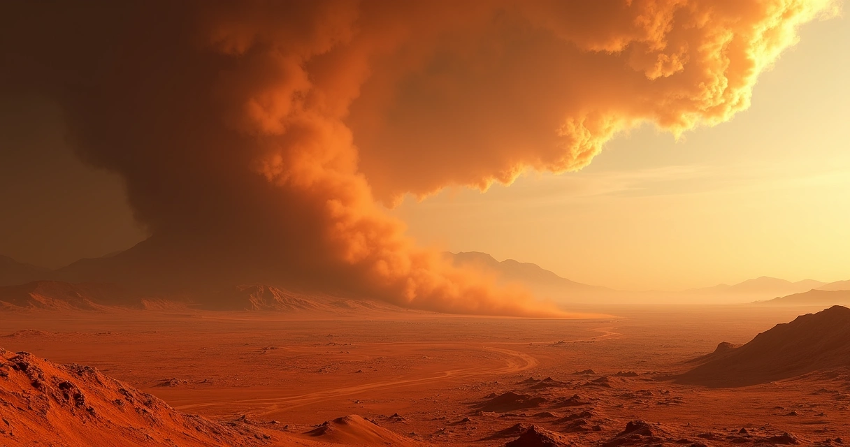 Trilho escuro deixado na superfície de Marte por redemoinho de poeira.