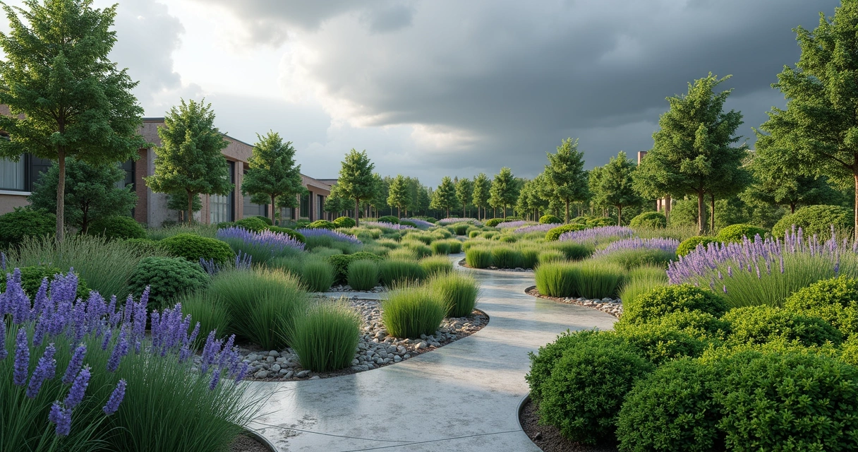 Low-growing resilient plants in a modern urban garden after a storm 