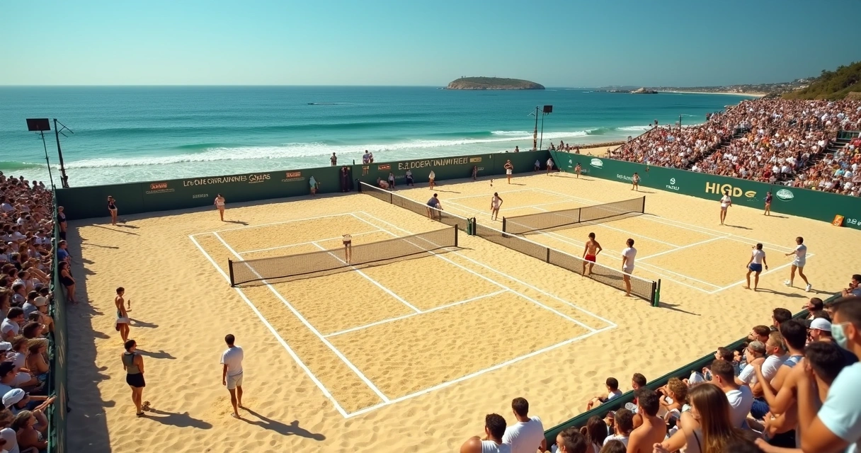 Quadra de areia com torneio de beach tennis em andamento 