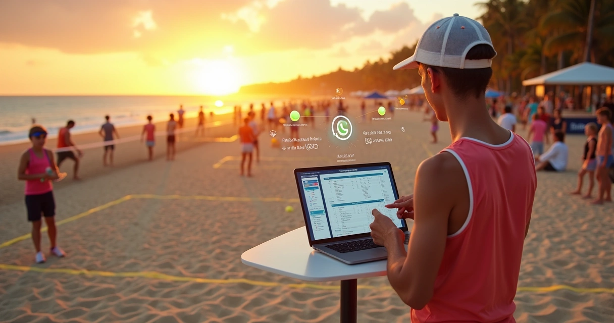 Organizador gerenciando torneio de beach tennis por aplicativo ao lado de quadras na praia 