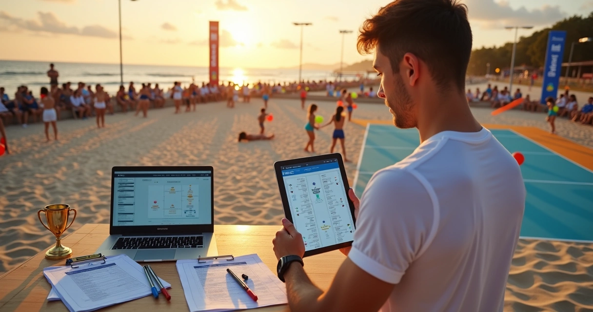 Organizador de torneio de beach tennis conferindo tabela de jogos ao lado de quadras na praia 
