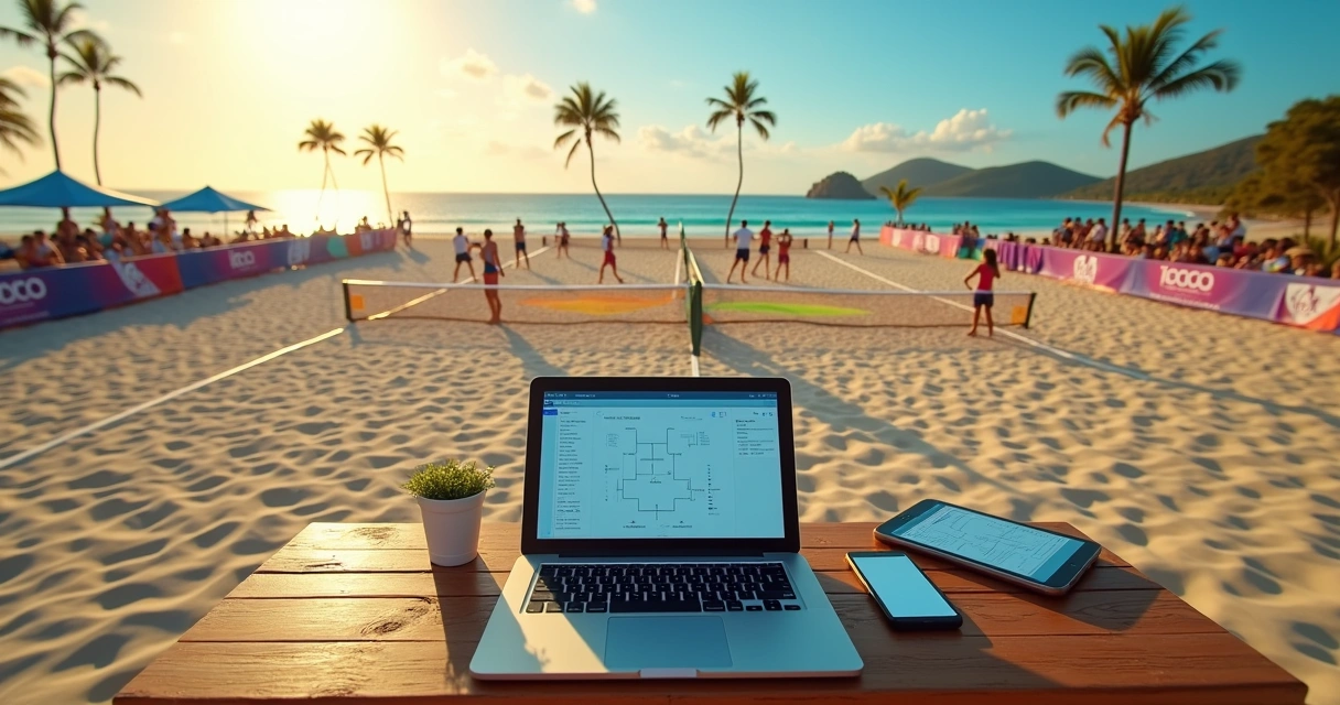 Organizador usando aplicativo para gerenciar torneio de beach tennis na praia com quadras de areia com redes altas