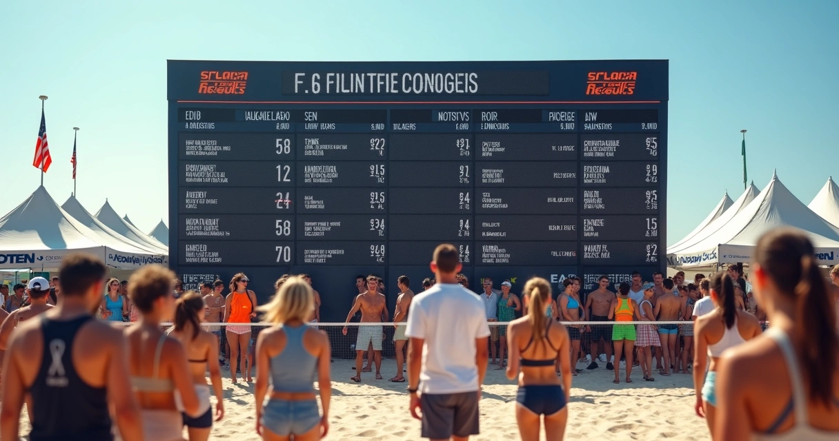 Quadro digital com resultados de torneio de beach tennis e pessoas acompanhando 